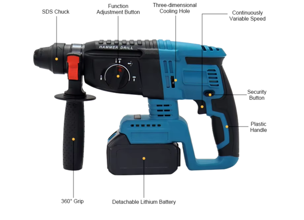 Trusa compLeta 4 Piese cu 2 acumulatori 48 v ,cu Rotopercutor Bormasina Autofiletanta de impact si Flex - imagine 2