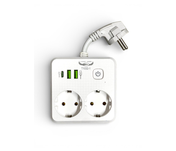 Priza multiplu cu 2 prize si 3 porturi USB (2x USB-A + 1x USB-C), Fast Charge PD + QC3.0 ( in functie de compatbilitate ), cu lampa LED touch-control, 2500W