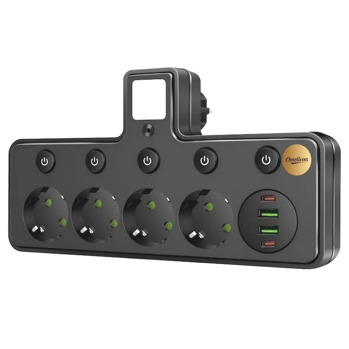 Prelungitor 4 prize USB Type-C comutator negru 2500W