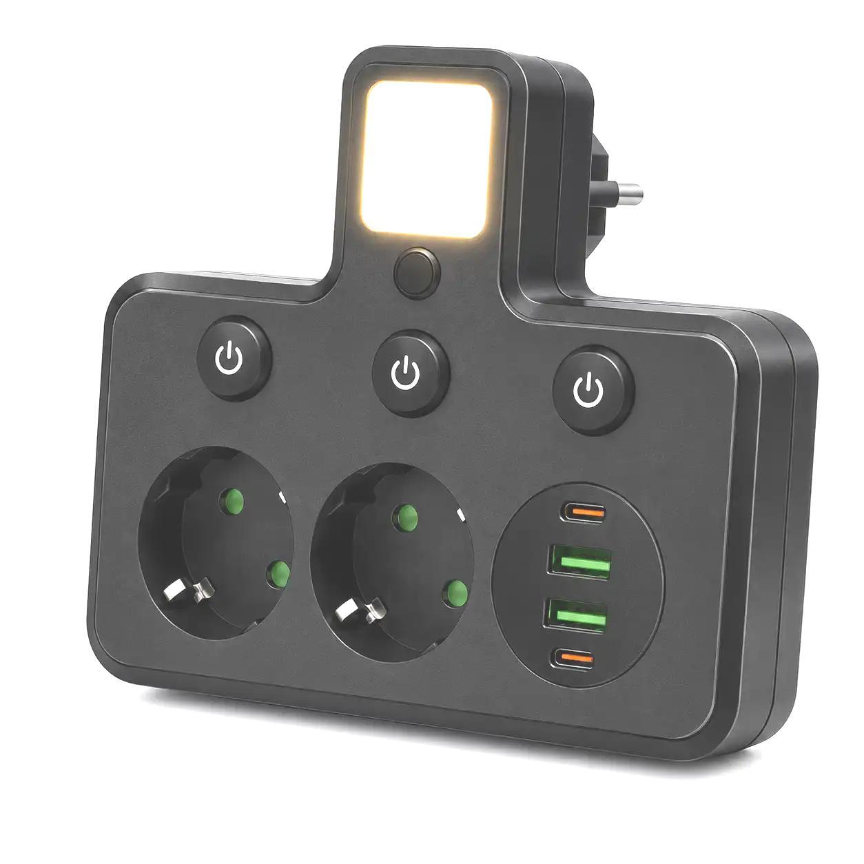 Adaptor Multipriză 2500W cu 2 Prize Schuko, 2 USB-A, 2 USB-C PD, Lumină LED de Veghe, Întrerupătoare Individuale, Negru