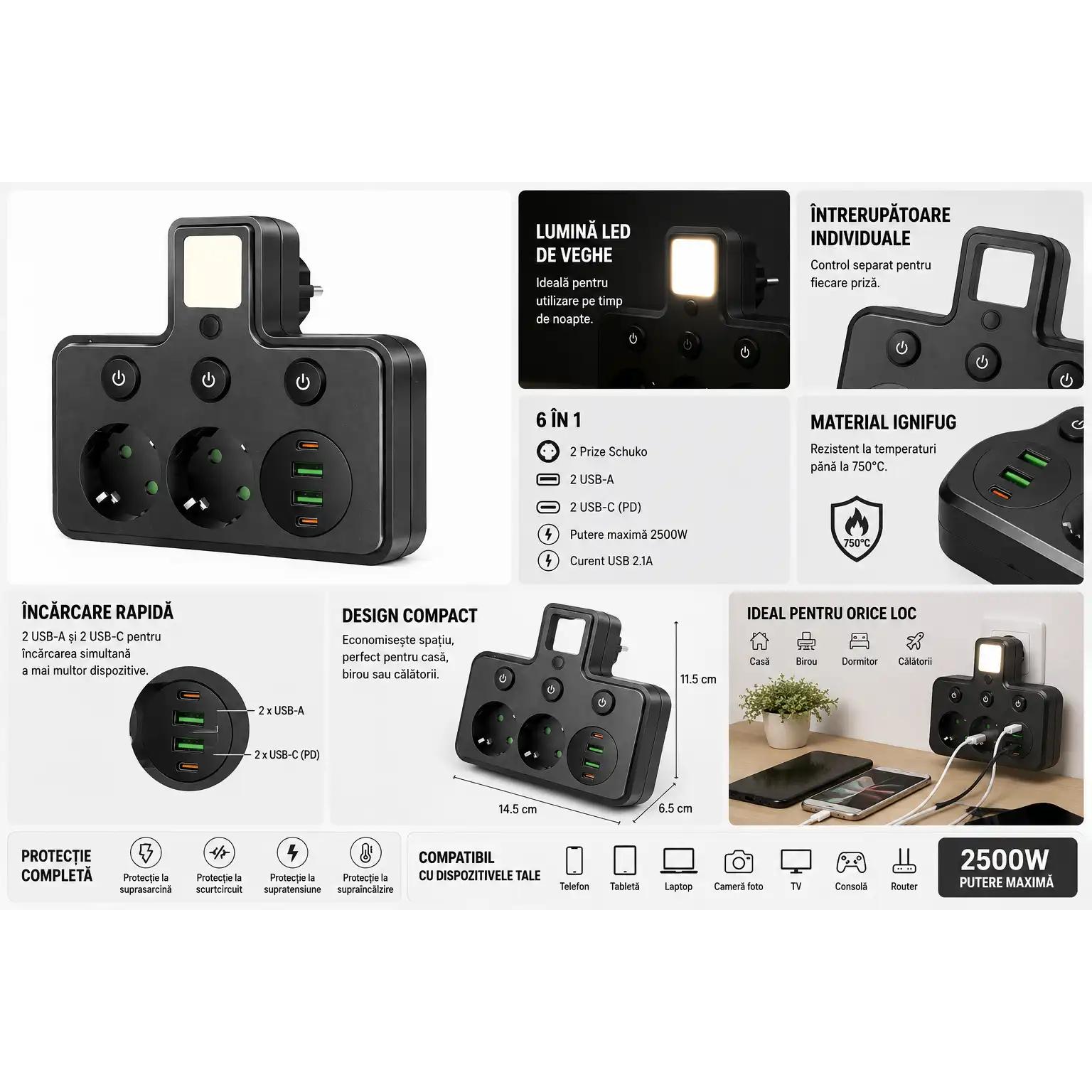 Adaptor Multipriză 2500W cu 2 Prize Schuko, 2 USB-A, 2 USB-C PD, Lumină LED de Veghe, Întrerupătoare Individuale, Negru - imagine 2