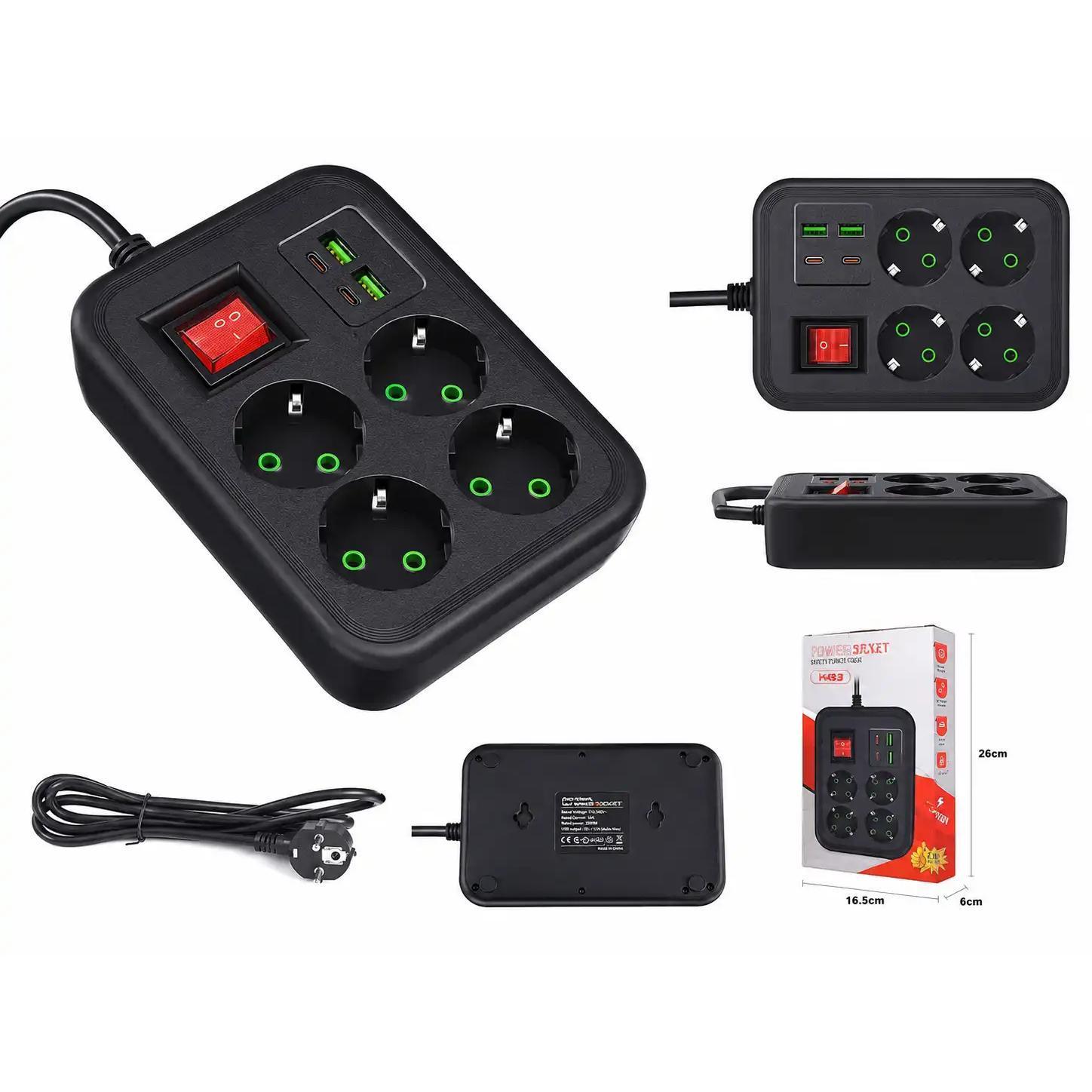 Prelungitor cu USB și USB-C K83, 4 prize Schuko, 2x USB + 2x USB-C, cablu 2 m, întrerupător, 2500W, negru - imagine 2