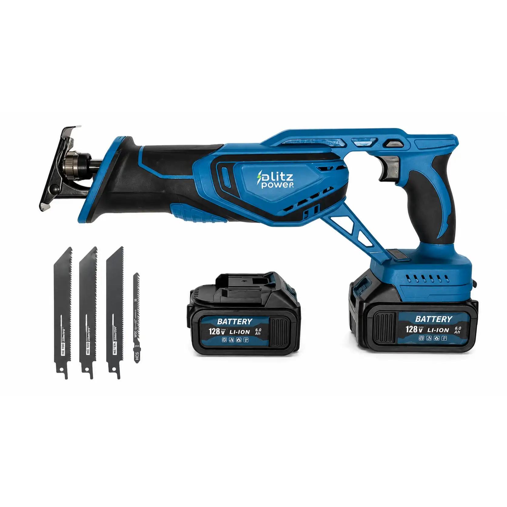 Fierăstrău sabie fără fir Blitz Power 128V, 2 acumulatori Li-Ion, 4 pânze incluse, pentru lemn, metal și PVC