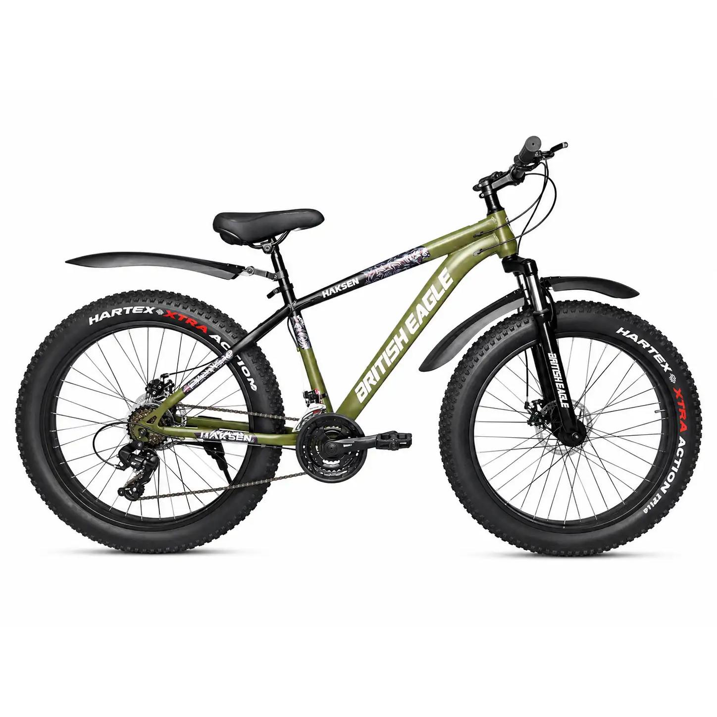Bicicletă MTB Fat Bike British Eagle Haksen, 26 x 4.00, 21 Viteze, Frâne pe Disc, Suspensie Față, Verde Militar