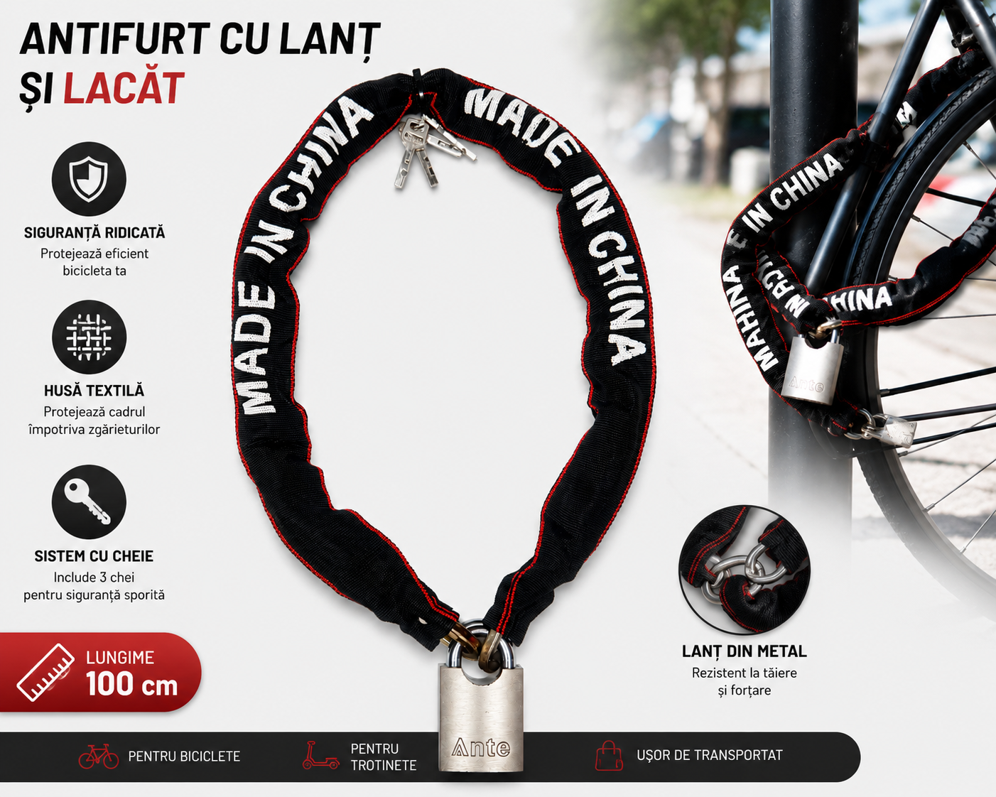 Antifurt bicicletă cu lanț, lungime 100 cm, husă textilă de protecție, lacăt metalic și chei incluse, Negru/Roșu - imagine 2