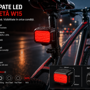 Stop Spate Bicicletă LED W15 – Reîncărcabil USB-C, Rezistent la Apă
