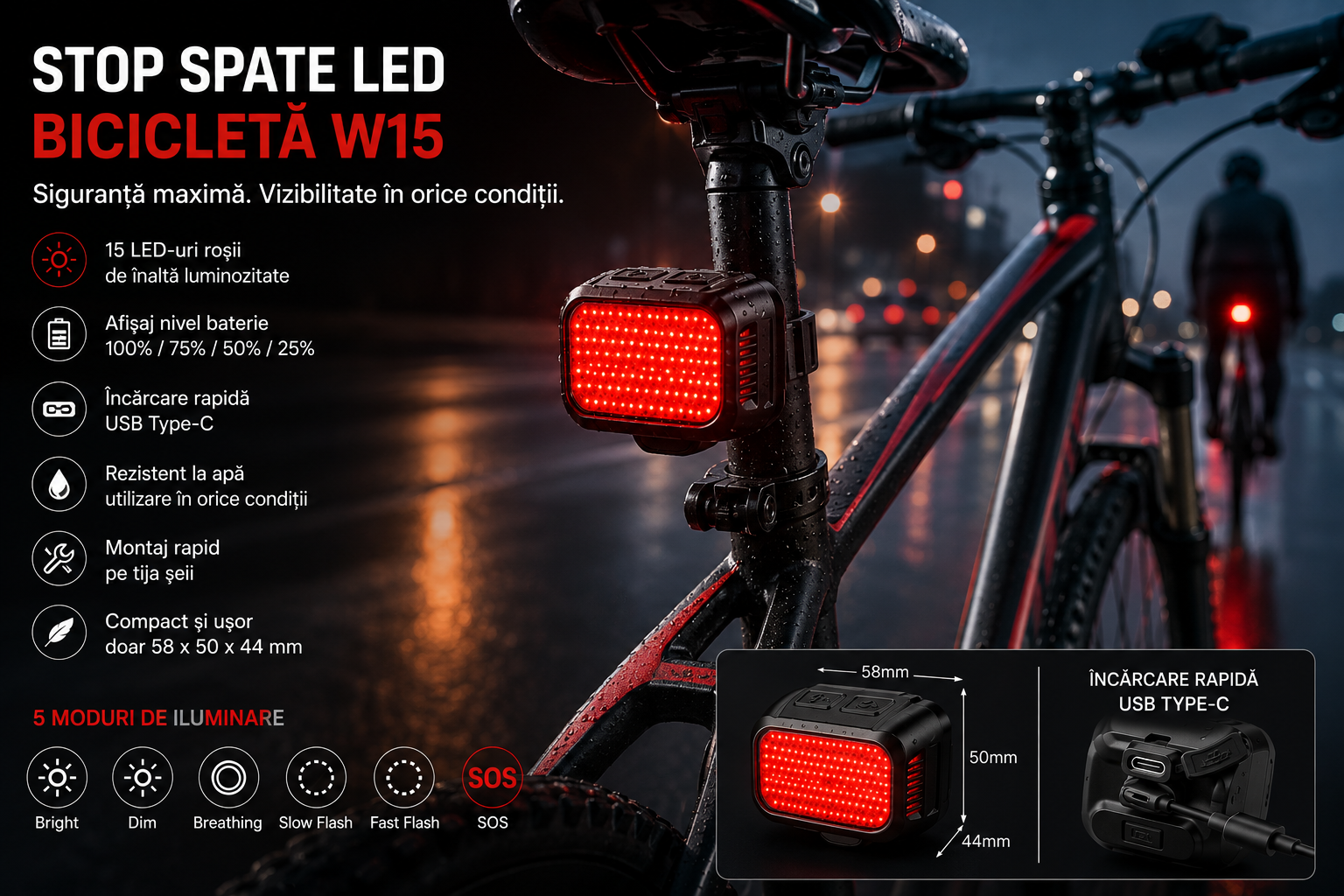 Stop Spate Bicicletă LED W15 – Reîncărcabil USB-C, Rezistent la Apă