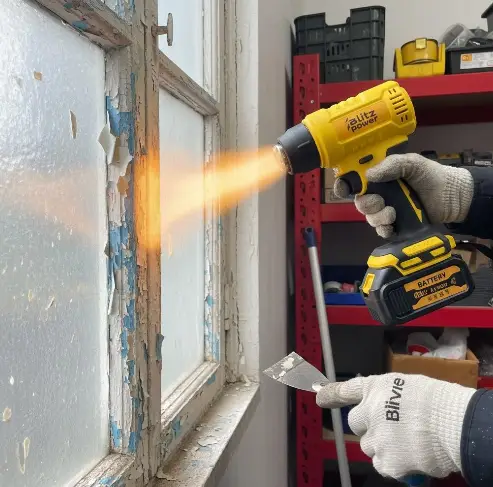 Pistol cu aer cald fără fir Blitz Power, 2 acumulatori Li-Ion, 2 duze incluse, încălzire rapidă, pentru decapare vopsea, termocontractare, îndoire PVC, uscare și dezlipire adezivi, Galben/Negru - imagine 3