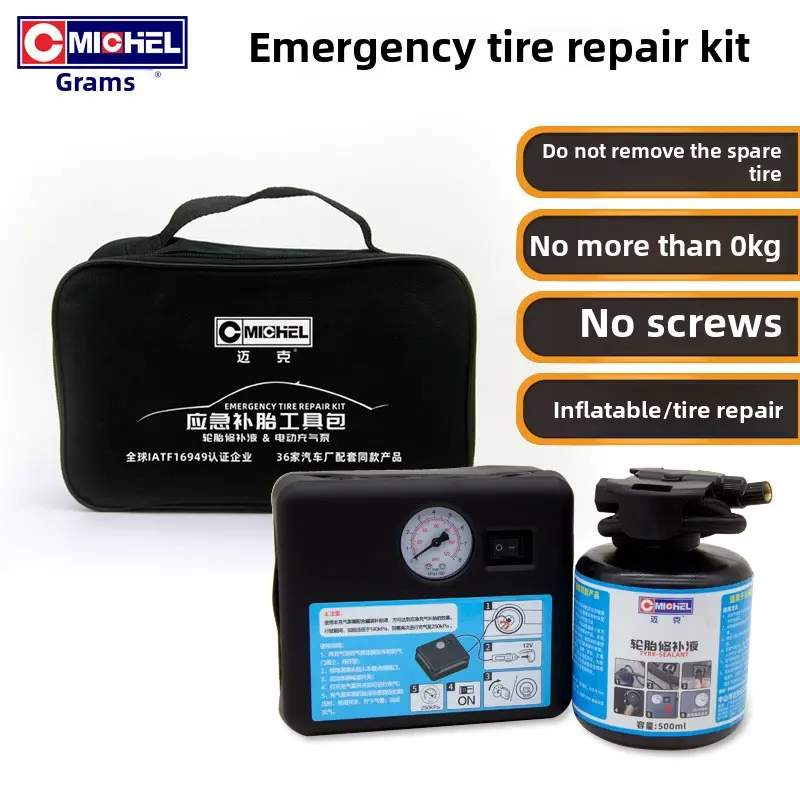 Kit reparație anvelope de urgență CMICHEL, compresor 12V cu manometru, lichid etanșare 500 ml, geantă transport inclusă, pentru autoturisme - imagine 2