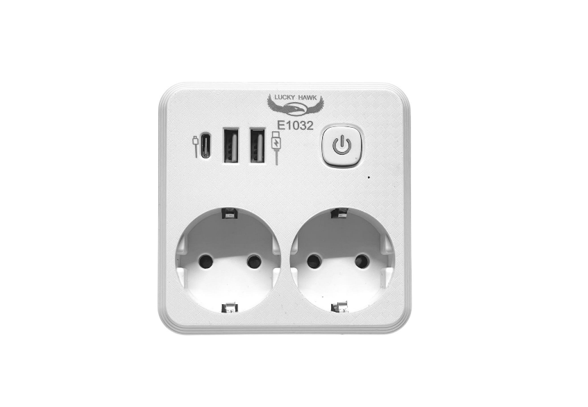 Adaptor pentru priză dublă Schuko cu 2x USB-A + 1x USB-C, buton ON/OFF, 2500W, 20W PD