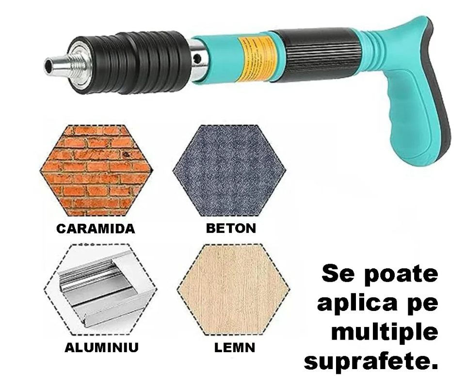 Kit Pistol Manual Pentru Fixarea Cuielor Pe Perete / Nituri, Lungime 30 cm, Calibru 7.3 cm, Pneumatic, Accesorii, Ochelari De Protectie,100 cuie incluse - imagine 4