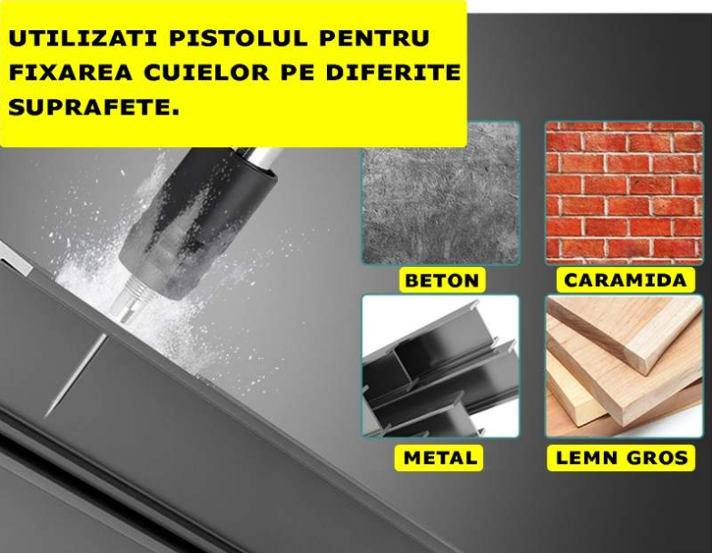 Kit Pistol Manual Pentru Fixarea Cuielor Pe Perete / Nituri, Lungime 30 cm, Calibru 7.3 cm, Pneumatic, Accesorii, Ochelari De Protectie,100 cuie incluse - imagine 3