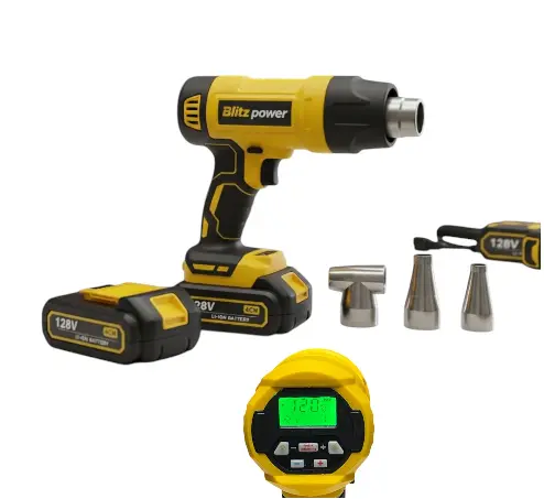 Pistol cu aer cald fără fir Blitz Power, 2 acumulatori Li-Ion, 2 duze incluse, încălzire rapidă, pentru decapare vopsea, termocontractare, îndoire PVC, uscare și dezlipire adezivi, Galben/Negru - imagine 4