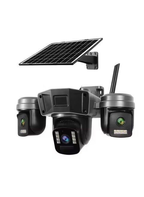 Cameră de supraveghere solară pentru exterior 4G cu cartelă SIM, lentile triple de 9MP, monitorizare PTZ wireless la 360°, detectare și urmărire a mișcării prin inteligență artificială, vedere nocturnă color, baterie reîncărcabilă