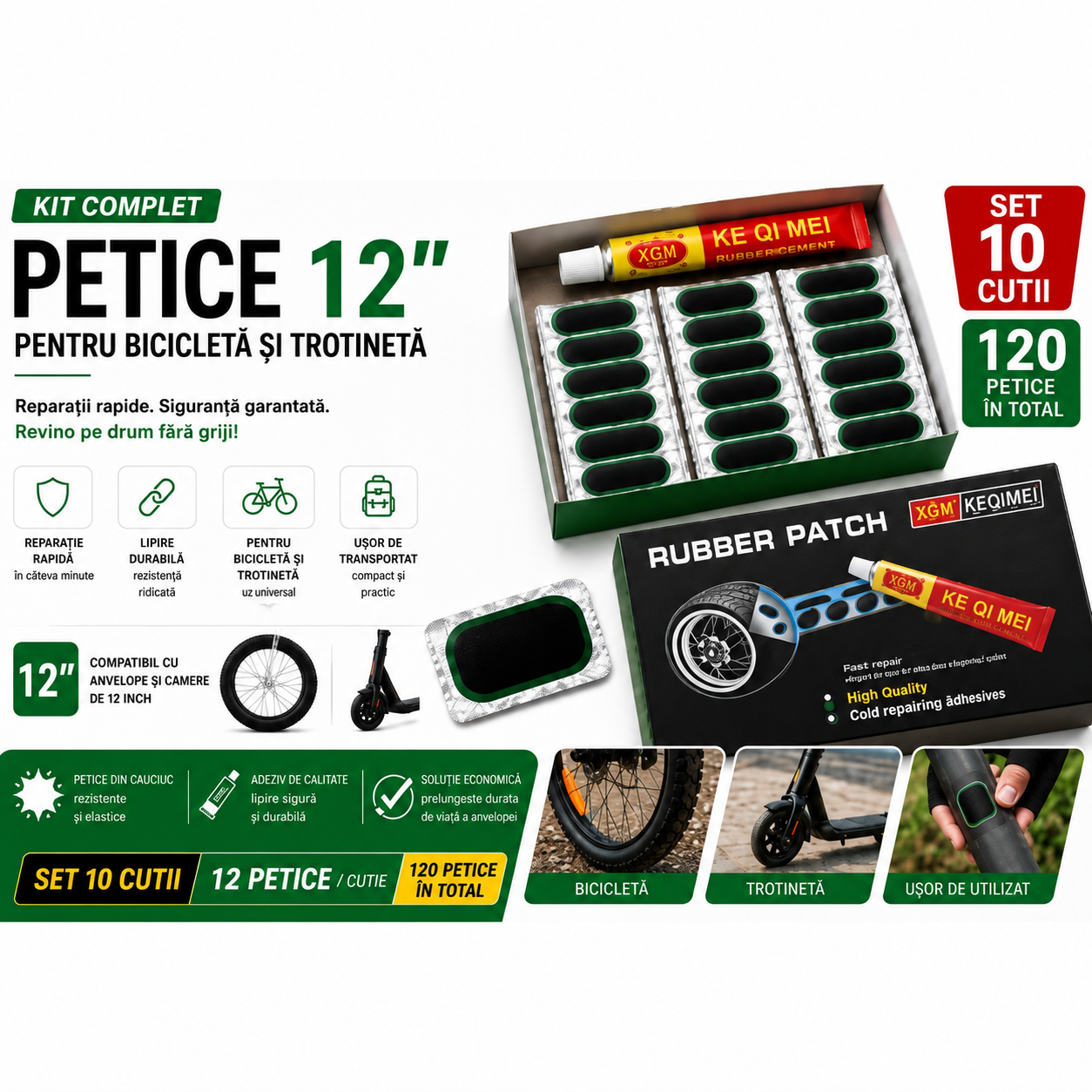 Kit Petice 12 Bucăți în Cutie pentru Lipirea Camerelor și Anvelopelor de Bicicletă și Trotinetă – Set 10 Cutii (120 Petice)