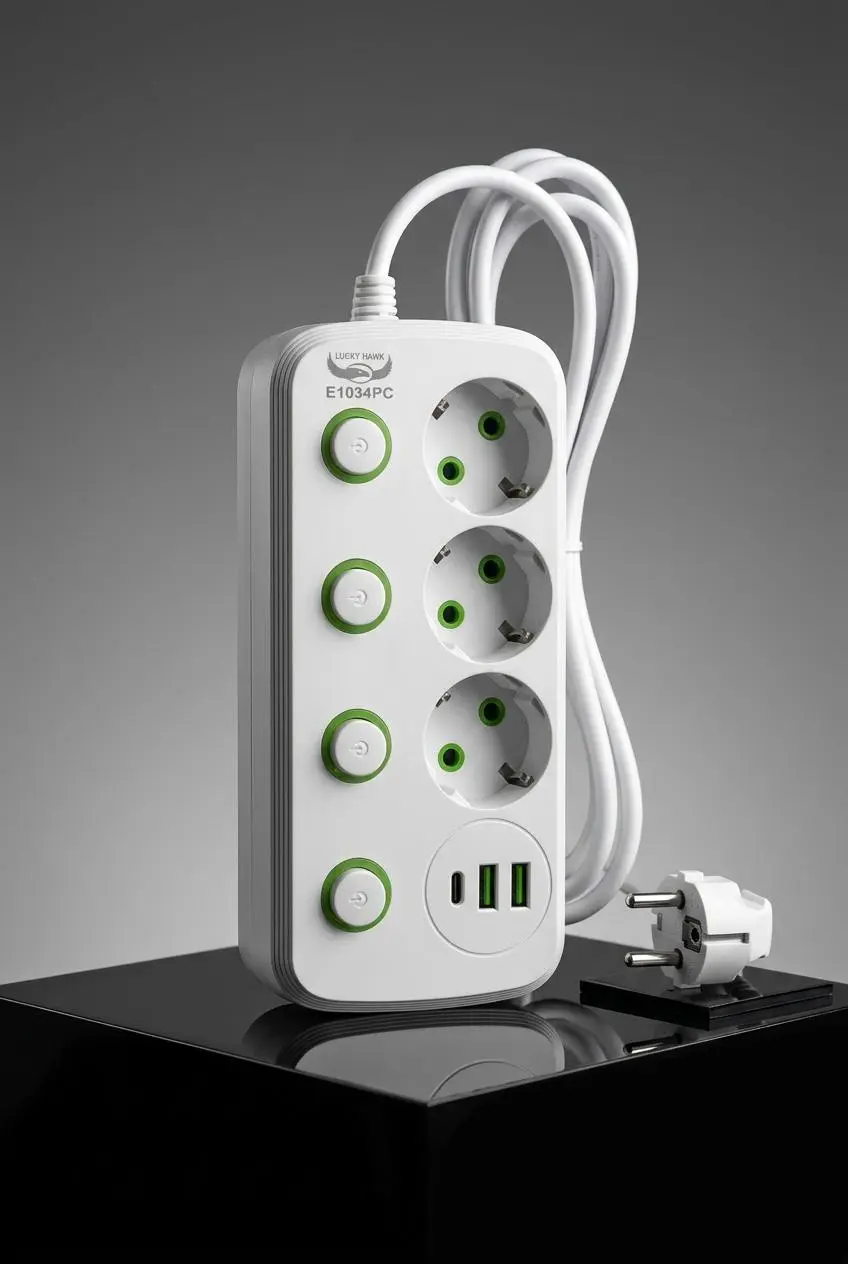 Prelungitor Multifuncțional cu USB și USB-C, 3 Prize, 4 Întrerupătoare Individuale, Protecție Supratensiune, Cablu 2M, Alb