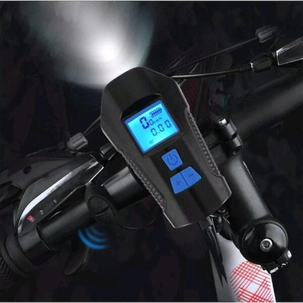 Far 3 leduri pentru bicicleta / trotineta, computer integrat si claxon detasabil, reincarcabil USB, 5 moduri luminare, 6 melodii, negru - imagine 3