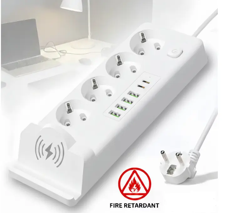 Prelungitor 3000W, 11-in-1, 2m, cu 4 prize AC, 4 porturi USB-A, 2 porturi USB-C, Incarcare Wireless 15W, 220V-250V, protectie la supratensiune, design compact, pentru Casa si Birou