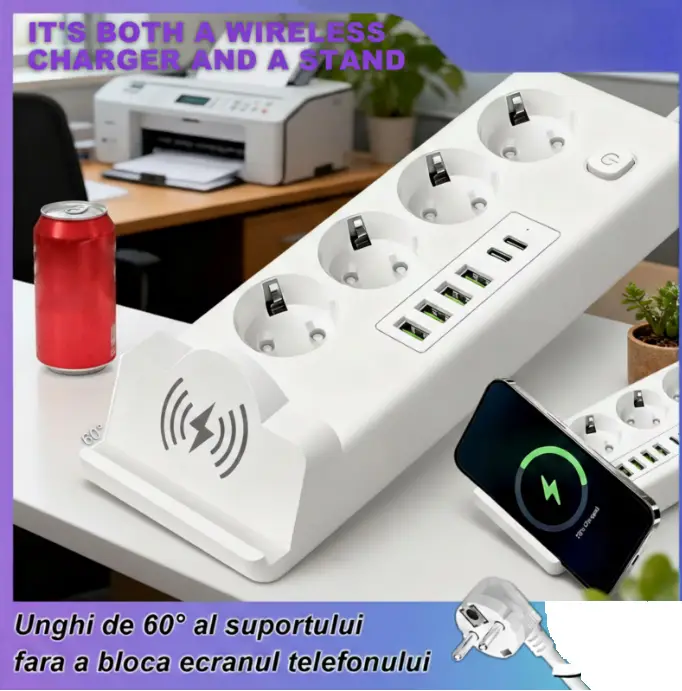 Prelungitor 3000W, 11-in-1, 2m, cu 4 prize AC, 4 porturi USB-A, 2 porturi USB-C, Incarcare Wireless 15W, 220V-250V, protectie la supratensiune, design compact, pentru Casa si Birou - imagine 2