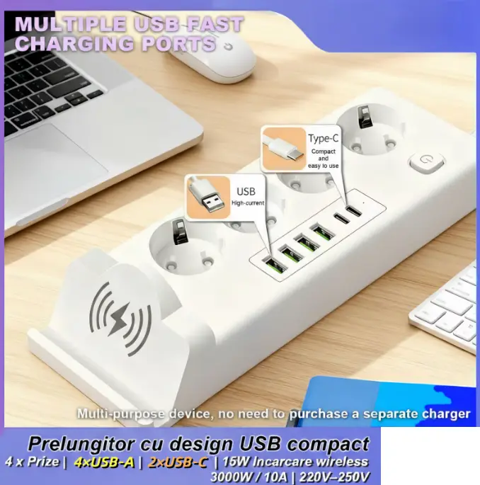 Prelungitor 3000W, 11-in-1, 2m, cu 4 prize AC, 4 porturi USB-A, 2 porturi USB-C, Incarcare Wireless 15W, 220V-250V, protectie la supratensiune, design compact, pentru Casa si Birou - imagine 3