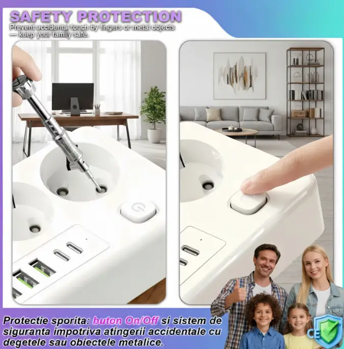 Prelungitor 3000W, 11-in-1, 2m, cu 4 prize AC, 4 porturi USB-A, 2 porturi USB-C, Incarcare Wireless 15W, 220V-250V, protectie la supratensiune, design compact, pentru Casa si Birou - imagine 4