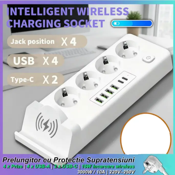 Prelungitor 3000W, 11-in-1, 2m, cu 4 prize AC, 4 porturi USB-A, 2 porturi USB-C, Incarcare Wireless 15W, 220V-250V, protectie la supratensiune, design compact, pentru Casa si Birou - imagine 5