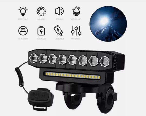 Lumină pentru bicicletă cu claxon, 6 moduri de iluminare, lanternă LED pentru bicicletă, reîncărcabilă prin USB, far de 4000 W - imagine 7