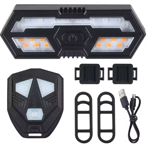 Lumini spate bicicleta cu semnalizare LED si telecomanda wireless, potrivire universala inclusiv MTB, 6 moduri de iluminare, incarcare USB, autonomie baterie max 36 ore, plastic ABS