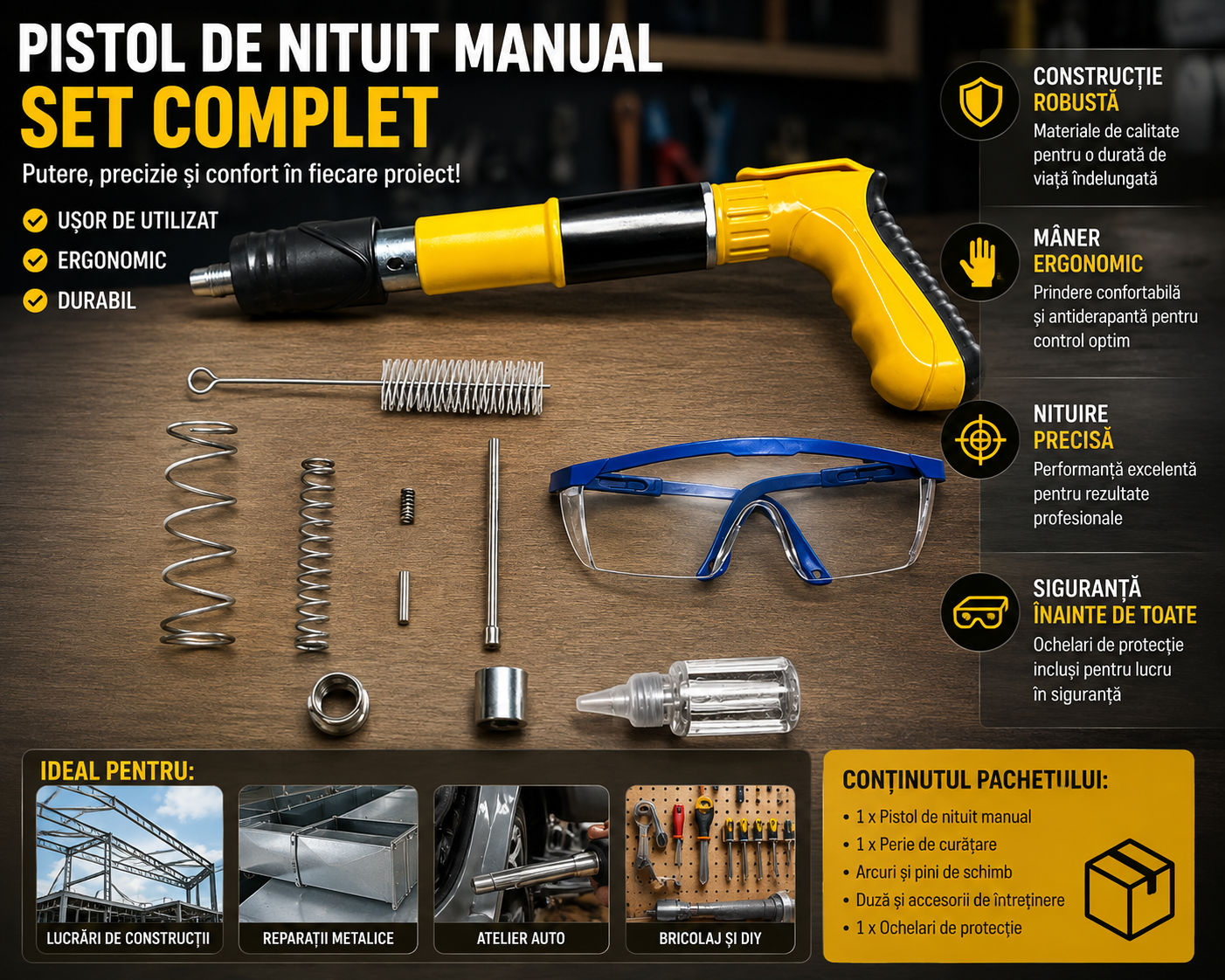 Pistol de Nituit Manual cu Set de Accesorii, Capete de Nituire și Ochelari de Protecție – Kit Complet - imagine 3