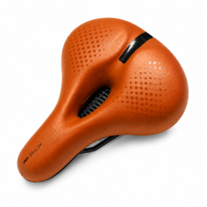 Șa de bicicletă ergonomică maro/oranj cu canal central de ventilare și suspensie