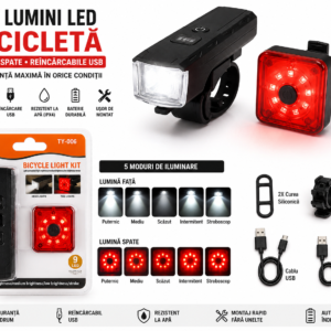 Set Lumini LED pentru Bicicletă – Față + Spate, Reîncărcabile USB