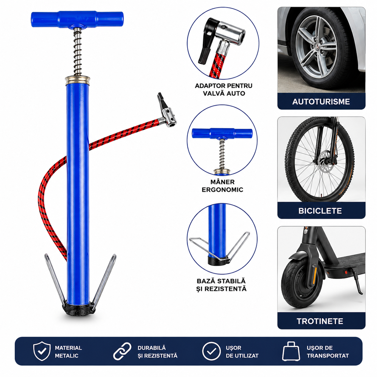 Pompă manuală pentru bicicletă, auto și trotinetă, 45 cm, construcție metalică, furtun flexibil, adaptor valvă Schrader - imagine 2