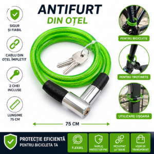 Antifurt bicicletă și trotinetă – 75 cm, din oțel, cu 2 chei