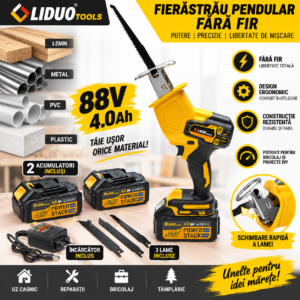 Fierăstrău electric pendular fără fir LiDuo Tools, 88V, 2 acumulatori 4.0Ah, încărcător, 3 lame incluse
