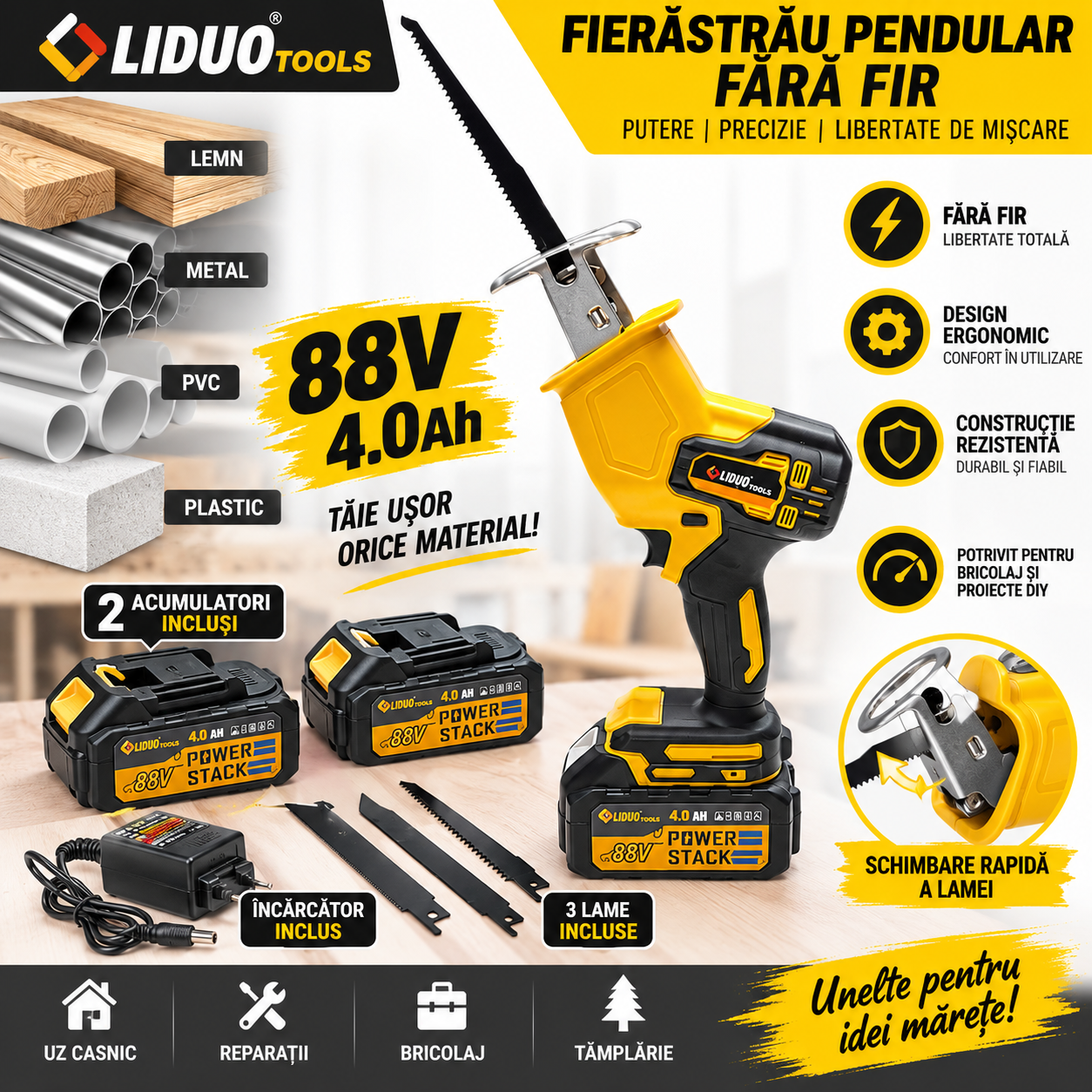 Fierăstrău electric pendular fără fir LiDuo Tools, 88V, 2 acumulatori 4.0Ah, încărcător, 3 lame incluse